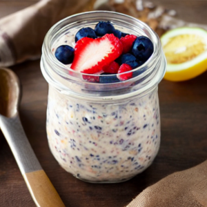 un vasetto di porridge con chia e frutta in cima fragole e mirtilli